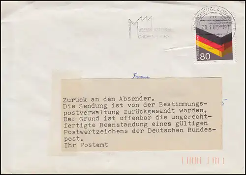 Guerre postale B.4.w 1265 Pk IV: Retour et notification Lettre 20.1.1986