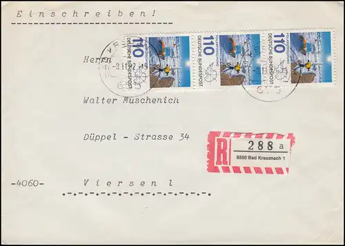 1100 Polarforschung senkrechter 3er-Streifen MeF R-Brief BAD KREUZNACH 8.11.1982