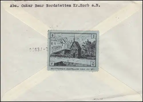 Exposition des timbres Calw 1961, Vinette publicitaire sur lettre Lp HORB/NECKAR 9.1.60