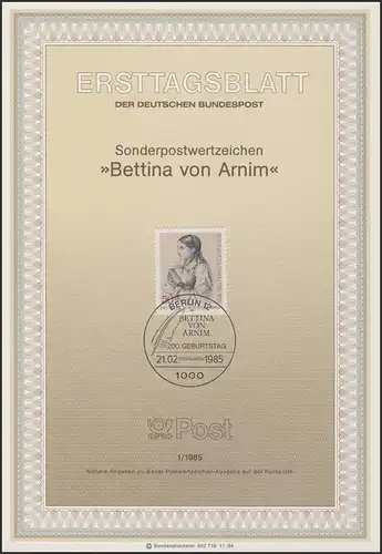 ETB 01/1985 Bettina von Arnim, Schriftstellerin