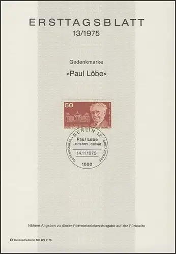 ETB 13/1975 Paul Löbe, Politiker