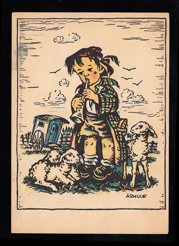 Künstler-AK Erich Stegmann: Schäferjunge mit Flöte und Lämmer, WESTERLAND 1950