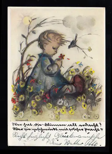 Hummel-AK 5220: Sitzendes Kind auf der Wiese Blumen Vogel, HEILBRONN 16.12.38