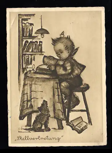 Hummel-AK 5421: Stellvertretung - Junge lesend auf einem Hocker, 22.2.1953