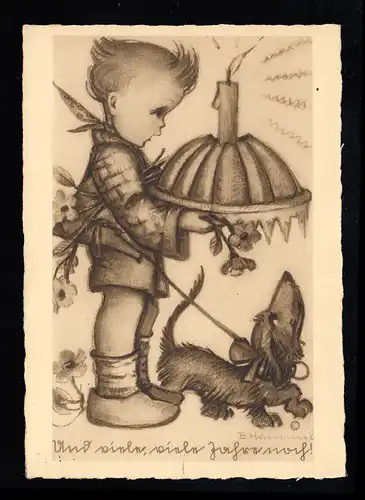 Hummel-AK 4427: Anniversaire - garçon avec gâteau et bougie, CASSEL 2.3.1939