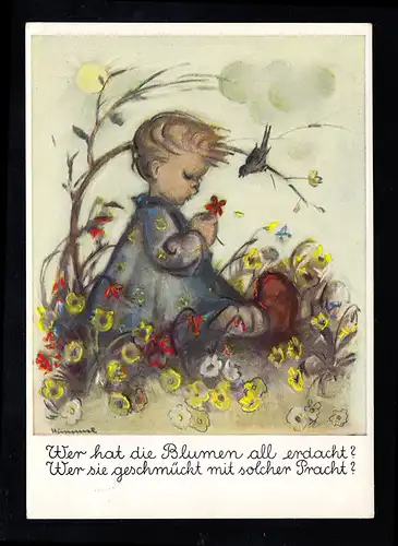 Hummel-AK 5220: Sitzendes Kind auf der Wiese Blumen Vogel, SCHWABACH 26.5.1970