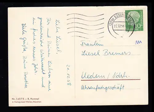 Hummel-AK 14078: Joyeux Noël! Christkind Angel bougie, ESSEN-STEELE 22.12.58