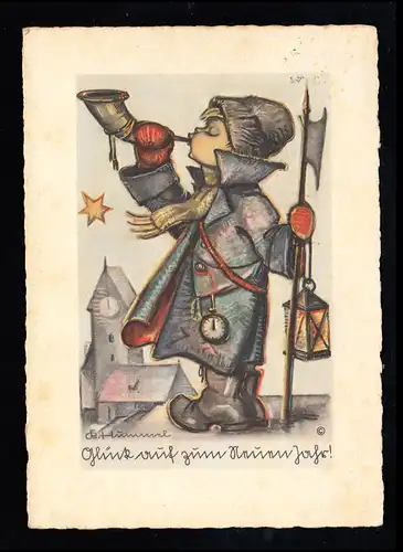 Hummel-AK 4616: Neujahr! Junge als Nachtwächter Horn Lanze Licht Uhr, 30.12.1937