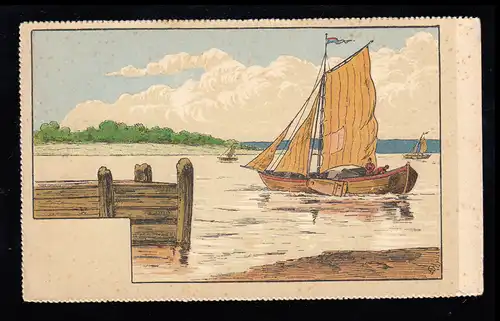 Künstler-AK Seelandschaft mit Fischer- und Segelbooten, ungebraucht