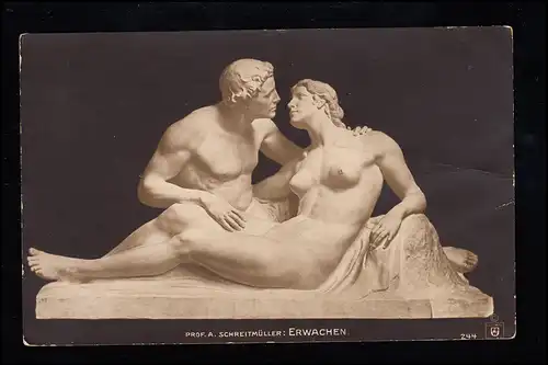 Künstler-AK Skulptur Erwachen von Prof. A. Schreitmüller, Feldpost HANNOVER 1918