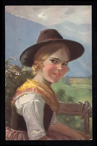 AK Artiste Fille souriante en costumes avec chapeau, poème Le Malfaisant, inutile