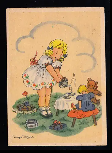 Künstler-AK Teezeit - Mädchen beim Spielen mit Puppe und Teddybär, SSt 25.8.48