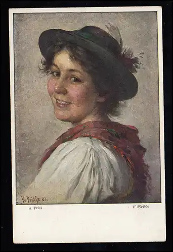 AK F. Pröß: s' Moidle - Fille souriante en costume, Art de Munich