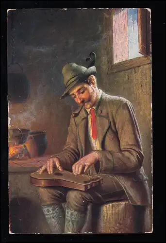 Künstler-AK Rauchender Mann in Tracht spielt Zither, GELSENKIRCHEN 2.4.1909