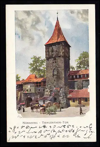 Künstler-AK Kley: Tiergärtner-Tor in Nürnberg, NÜRNBERG 18.8.1906 nach BAYREUTH