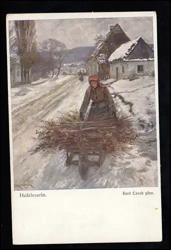 AK Artiste Emil Czech: Winteridylle avec le lecteur de bois Art viennois, inutilisé