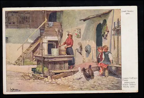 Künstler-AK Josef Strake: Junges Geflügel - Bauernhofidylle, gelaufen um 1914/16