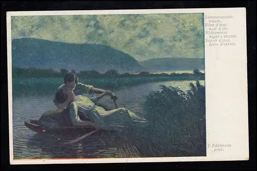 AK Artiste J. Edelmann: Soirée d'été - Le baiser dans le bateau à rames, inutilisé