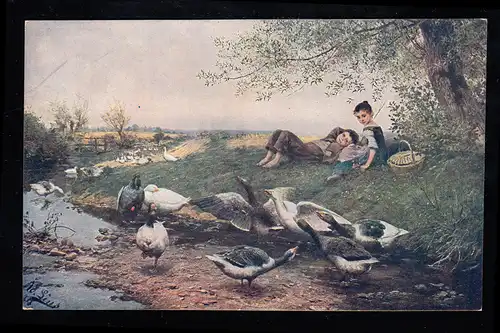 AK Artiste Ad. Lins: Au ruisseau - Filles et garçons regardent oies, sans emploi