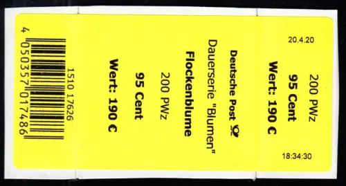 3470 Flockenblume 95 Cent +CF (geschl. 4) Banderole für 200 Stück, kleine Nr.