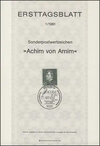 ETB 01/1981 Achim von Arnim, Dichter