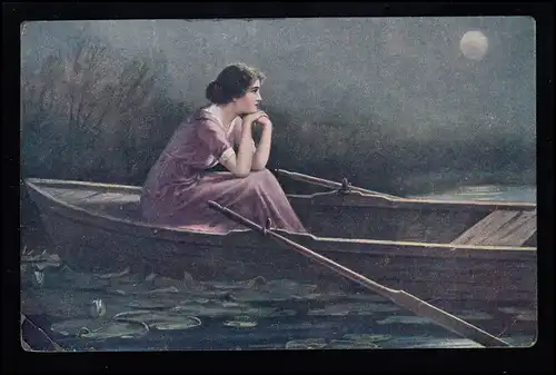 Künstler-AK Kenfor: In stiller Mondesnacht - Frau im Ruderboot, ungebraucht