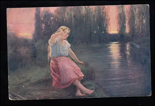 Künstler-AK F. Klimes: Sehnsucht - Junge Frau sitzend am Fluss, WIEN 22.6.1917