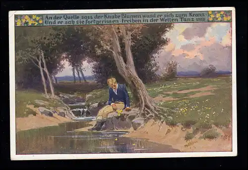 Carte populaire de poésie AK Paul Hey: A la source, le garçon était assis, inutile