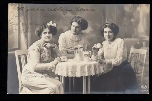 AK Glückwünsche Geburtstag: Drei Frauen beim Kaffekränzchen, CÖLN 26.12.1912