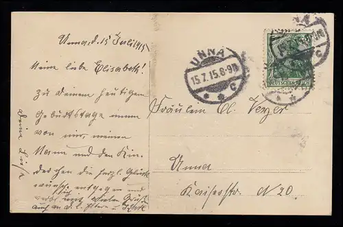 AK Félicitations anniversaire: Fille assise avec panier à fleurs, UNNA 15.7.1915