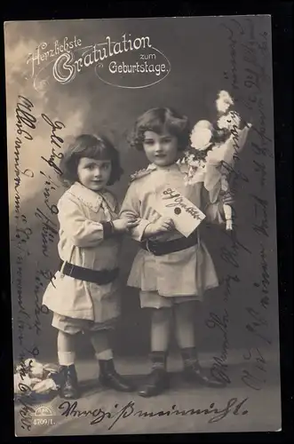 AK Félicitations Anniversaire: Deux filles, Enveloppe, Fleurs, STRASSBERG 1912