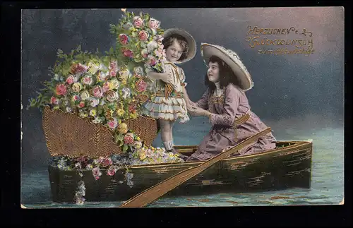 AK Félicitations anniversaire: Maman et fille bateau avec roses, HILGEN 27.4.1912
