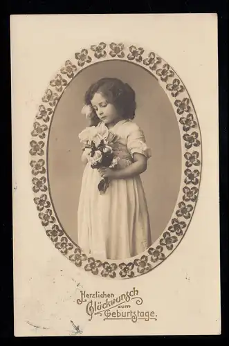 AK Glückwünsche Geburtstag: Mädchen mit Rosen im Blumenoval, OLDENBURG 3.12.1911