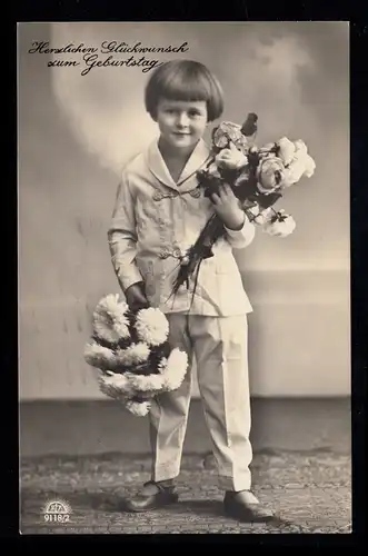 AK Félicitations anniversaire: Fille en costume blanc avec des fleurs, PLAFON 27.11.29
