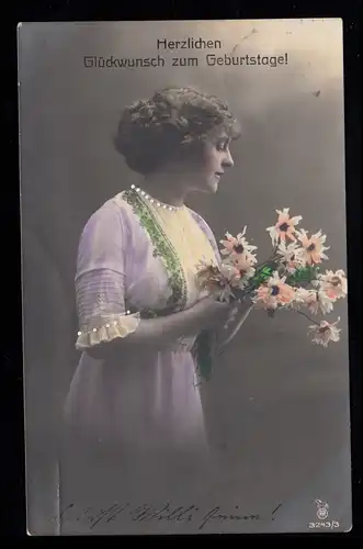 AK Félicitations anniversaire: Femme avec fleurs, colorié, DETMOLD 20.11.1914
