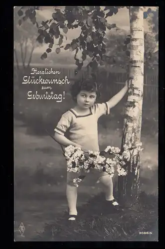AK Félicitations anniversaire: garçon avec fleurs paysage bouleau, HILGEN 26.4.1915