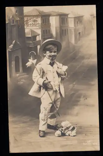AK Félicitations anniversaire: garçon comme cavalier avec des fleurs, OLDENBURG 1.12.1910