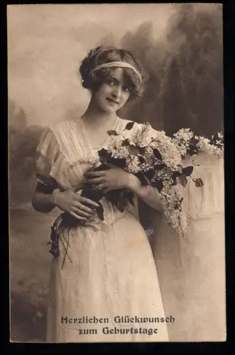 AK Félicitations anniversaire: Femme avec bouquet sur le bras, HILGEN 27.4.1916