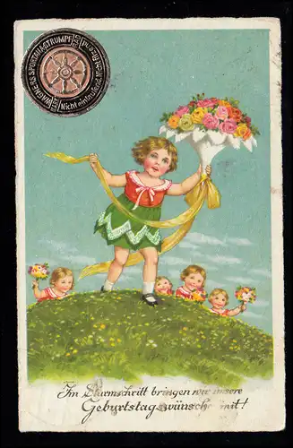 AK Félicitations anniversaire: Les enfants courent sur le terrain de fleurs, SSt LEIPZIG 9.11.28