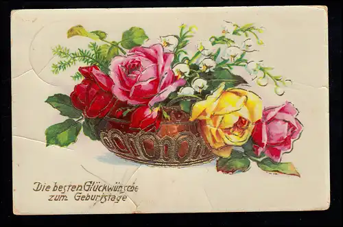 AK Glückwünsche Geburtstag: Stillleben mit Blumen Rosen Maiglöckchen, 1.7.1935