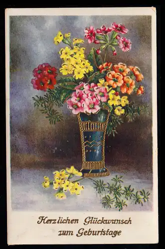 AK Glückwünsche Geburtstag: Vase mit bunten Blumen, vergoldet, DORTMUND 31.10.36