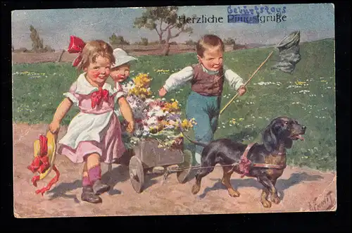 AK Félicitations Pentecôte / Anniversaire: enfants avec des raquettes de chien, décrit