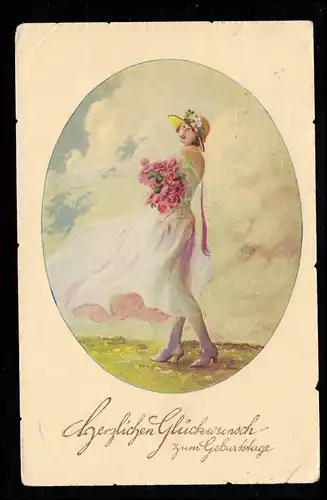 AK Glückwünsche Geburtstag: Frau im weißen Kleid Rosen, FRIEDRICHSHAFEN 19.10.27