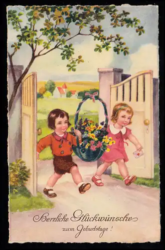 AK Félicitations anniversaire: les enfants apportent panier de fleurs, maisons de traînée 14.5.1939