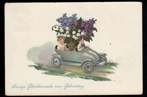 AK Félicitations anniversaire: Enfants en voiture ouverte avec des fleurs KÖNIGSBERG 1.12.17
