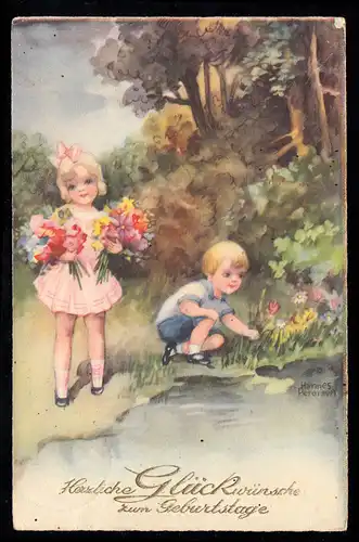 AK Félicitations anniversaire: Les enfants ramassent des fleurs au bord du lac, BEAUCOUP 1935