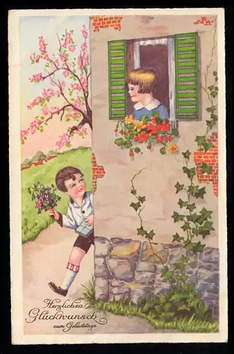 AK Félicitations anniversaire: Les garçons apporte des fleurs filles, RASTEDE 1.8.1938