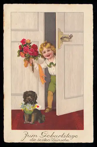 AK Félicitations anniversaire: Fille avec chien et roses, GÖRLITZ 13.2.1925