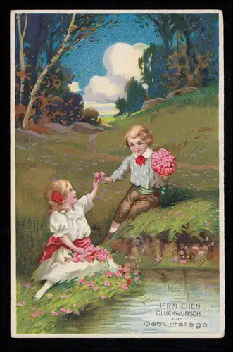 AK Félicitations anniversaire: garçon remet des fleurs aux filles, OSNABROCK 8.3.1927