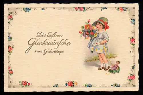 AK Glückwünsche Geburtstag: Mädchen mit Blumen und Puppe, HALBERSTADT 4.1.1932